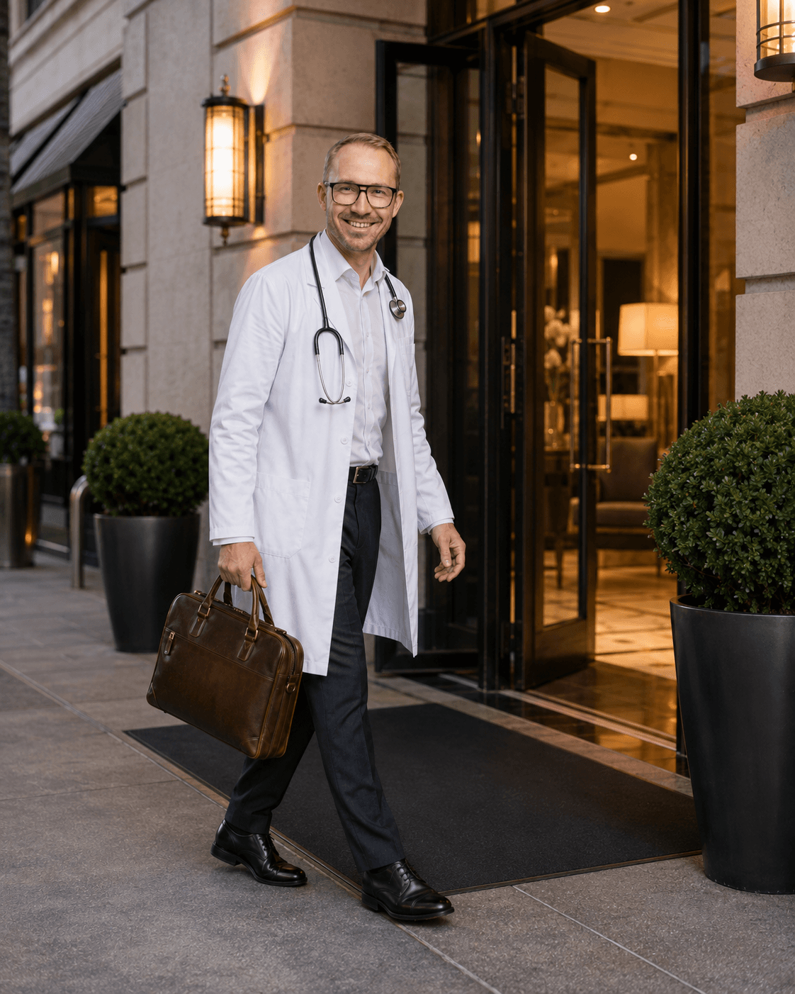 Dr. med. univ. Daniel Pehböck, DESA with his doctor's bag outside a hotel — hotel and house calls in Innsbruck and the surrounding area